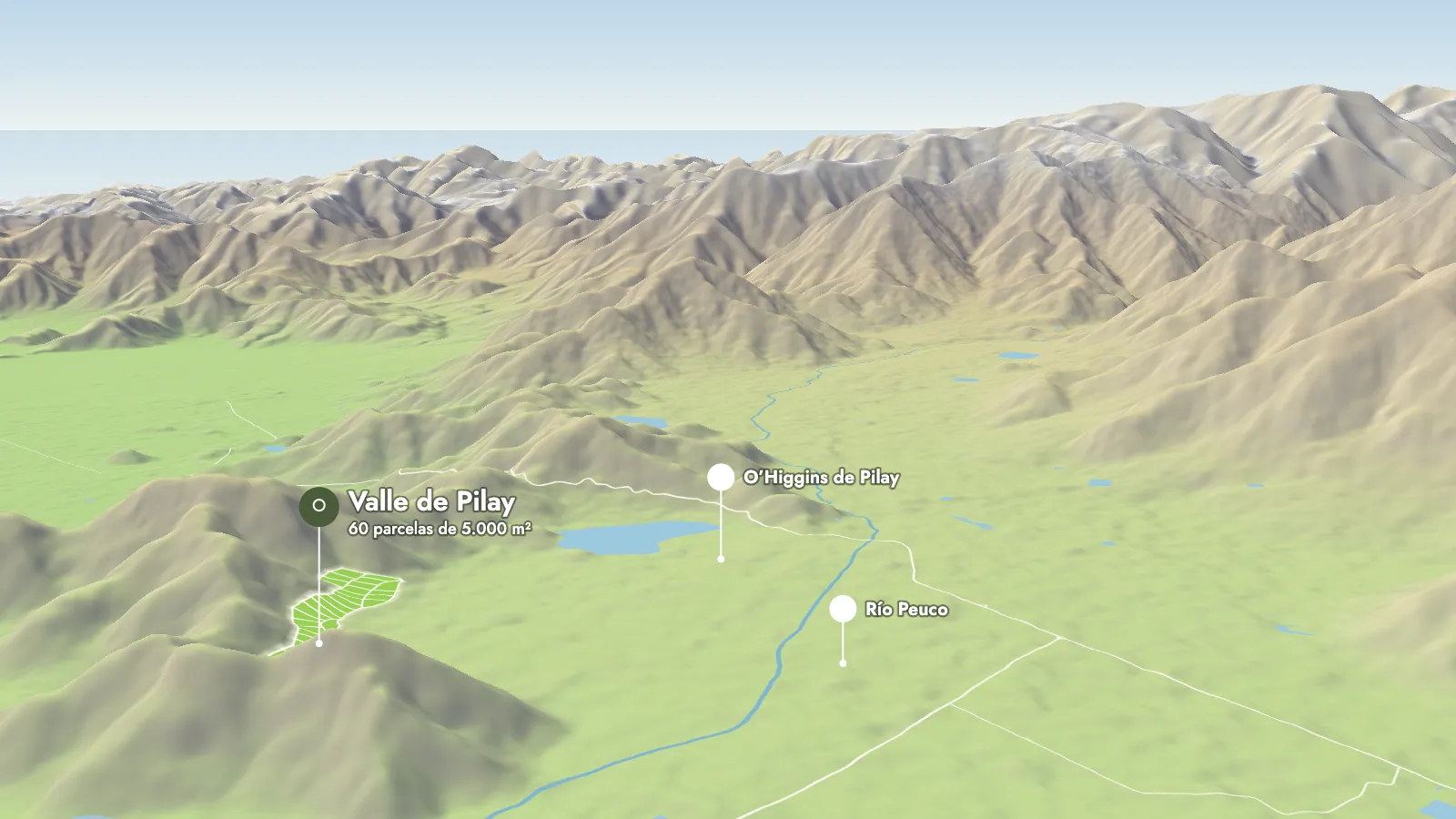 Vista ilustrada del valle del río Peuco: los 60 lotes de Valle de Pilay en la ladera, junto a O’Higgins de Pilay, con la cordillera de los Andes al fondo