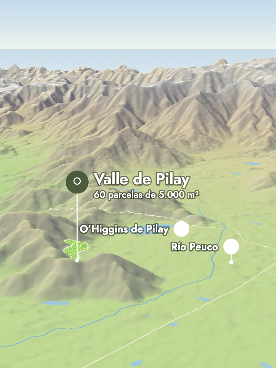 Vista ilustrada del valle del río Peuco: los 60 lotes de Valle de Pilay en la ladera, junto a O’Higgins de Pilay, con la cordillera de los Andes al fondo